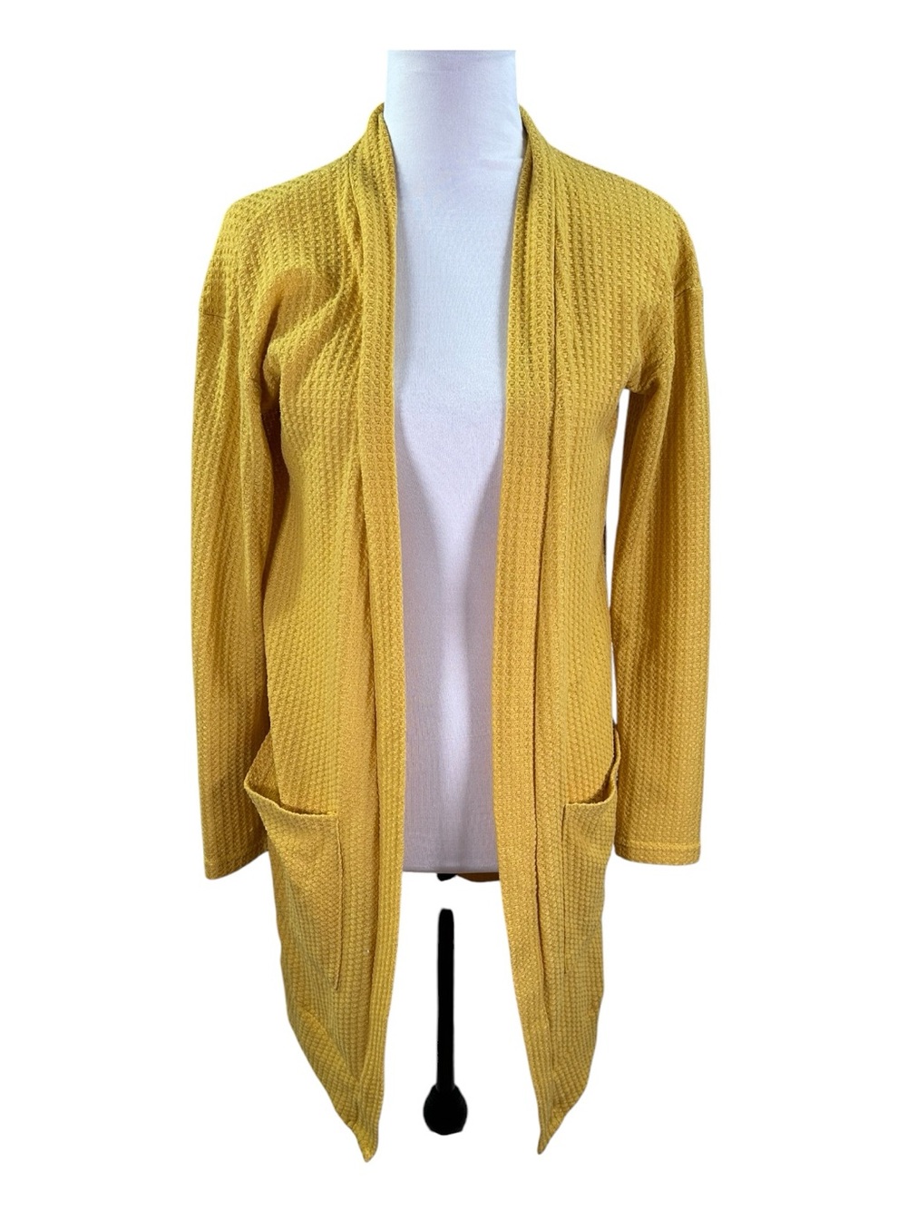 Tickled Teal Waffle Knit Long Cardigan Women’s M Mustard Yellow Boho Fall